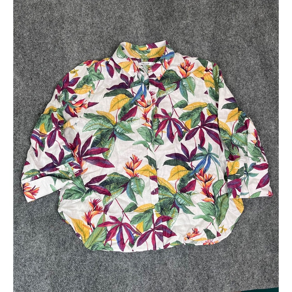 Chico's Blouse Floral Multicolor  3/4 Roll-tab Sleeve 100 %Linen Size 3(US 16)